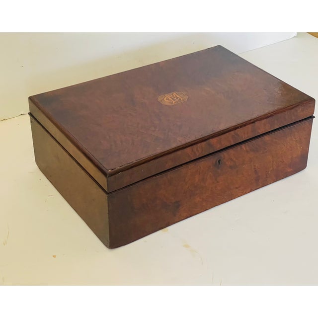 Victorian Large Antique Victorian Burlwood Box With Inlay For Sale - Image 3 of 11