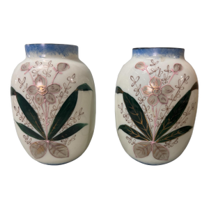 Pair of Antique Hand Painted Floral Decorated French Opaline Art Glass Vases
