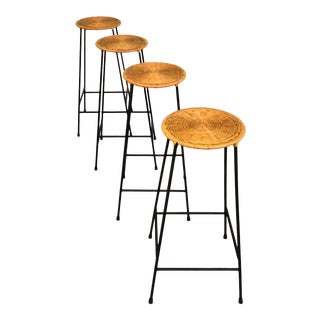 Contemporary Bar Stool Black Wrought Iron & Rattan ~ Set of 4 For Sale