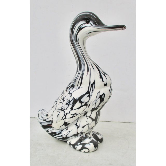 Vintage 1970s' Seguso Black and white duck figure. Beautifully modeled duck with a dense pattern of marbled glass spots...