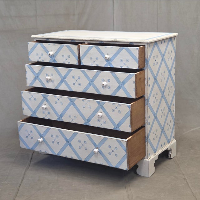 Farmhouse Vintage Rustic English Pine Five Drawer Dresser With Distress Painted and Stenciled Surface For Sale - Image 3 of 15