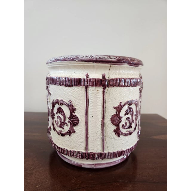 Victorian Late 19th Century English Majolica Cashpot Amethyst and Turquoise Glaze For Sale - Image 3 of 8