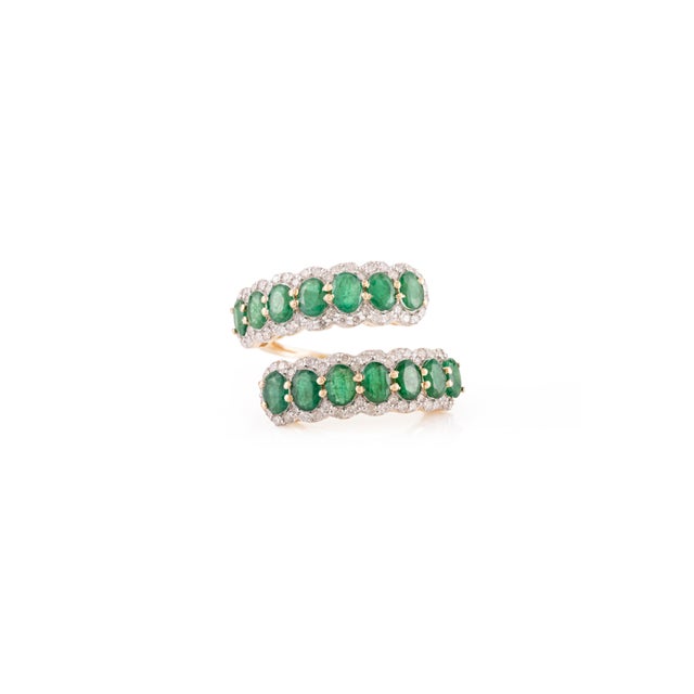 Art Deco Natural 2 Ct Emerald Open Face Diamond Chic Cocktail Ring Size 5.5 in 14k Gold For Sale - Image 3 of 14