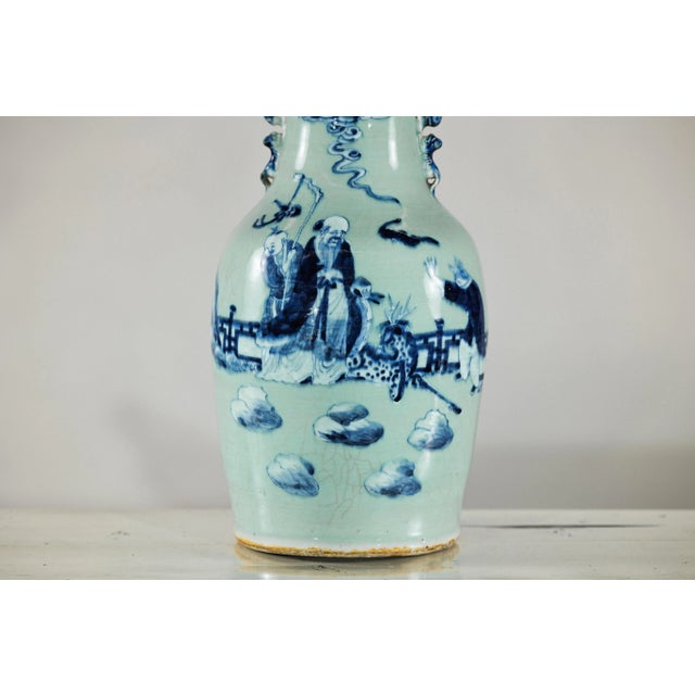 Chinese Blue and White Porcelain Altar Vase with Immortal Figures and Celadon Tint For Sale - Image 10 of 12