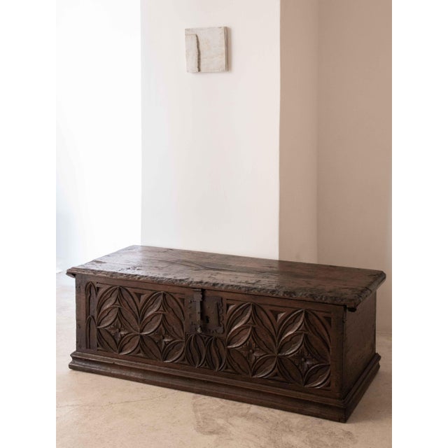 An extraordinary and rare French Gothic-style chest dating from between 1480 and 1530. The carved front panels with...