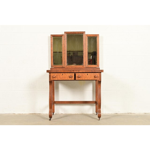 R. J. Horner & Co. Antique American Empire Tiger Oak Vanity Dressing Table With Mirror, Circa 1900 For Sale - Image 4 of 14