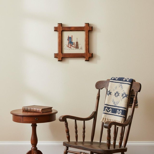 1980s Vintage 1982 Cross Stitch Rocking Chair-Americana-Folk Art-Rustic Wood Frame For Sale - Image 5 of 10