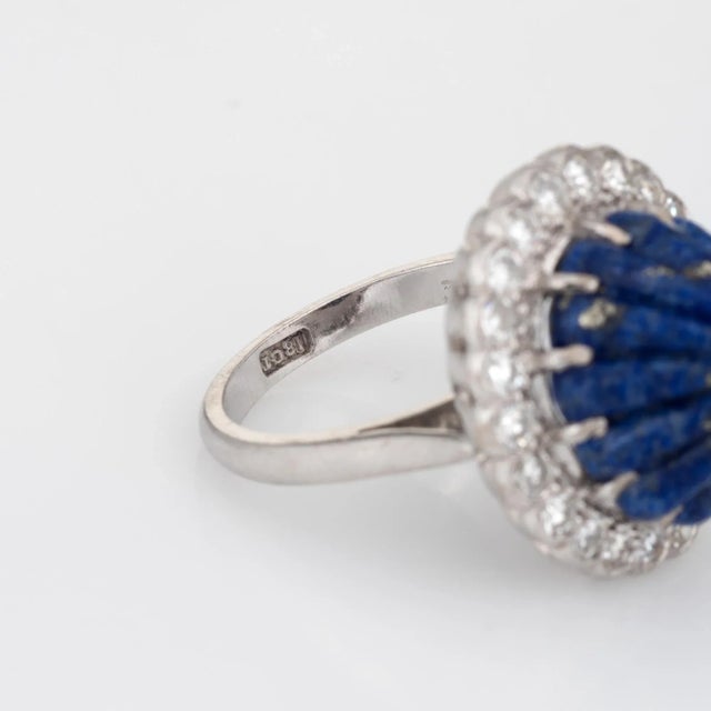 Metal Mid 20th Century Fluted Lapis Lazuli Diamond Ring 18k White Gold Mid Century Sz 5.75 For Sale - Image 7 of 7