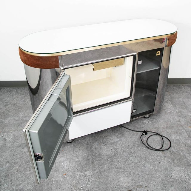 Mid Century Modern Bar Cabinet Mirrored 1970s Fridge Italy Willy Rizzo Suede MCM For Sale In Sacramento - Image 6 of 10