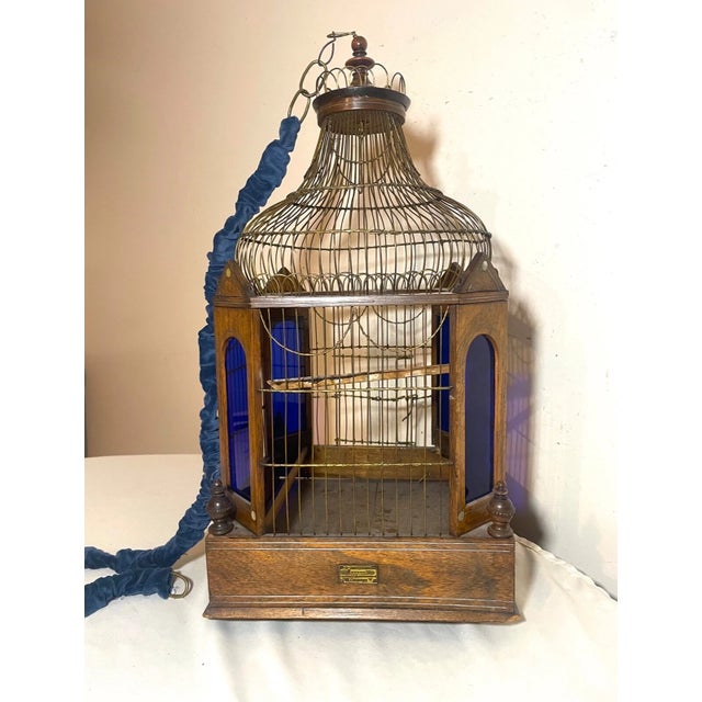 Wood Antique 1800's Handmade Westley Richards Gunsmith Wood Stained Glass Birdcage For Sale - Image 7 of 17