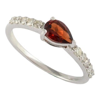 14k Solid White Gold Natural Garnet Ring With Diamonds Size 7 For Sale