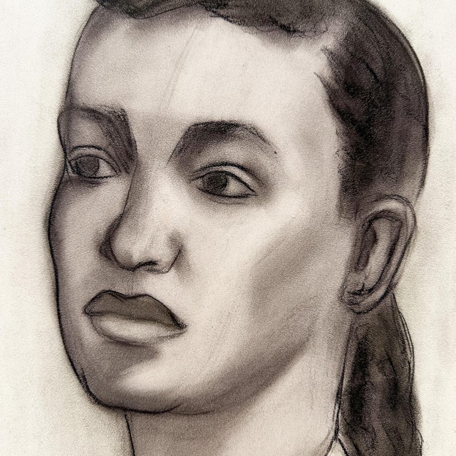 Mid 20th Century Mid 20th Century Black & White Charcoal Portrait Drawing of a Woman With Peter Pan Collar MCM For Sale - Image 5 of 8