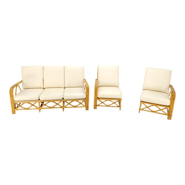 Ficks Reed Mid Century 3 Pieces Rattan Bamboo Sofa Chairs Set c1960s MINT For Sale
