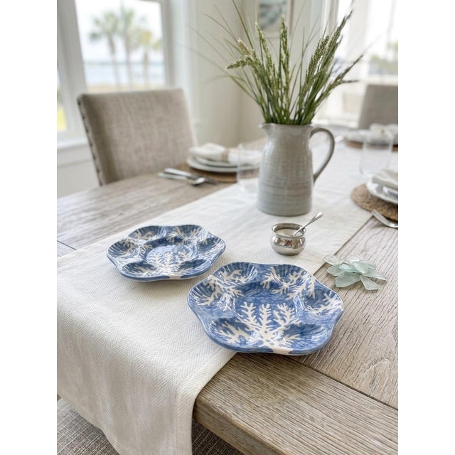 Pair of Italian Les Ottomans Hand-Painted Blue Coral Oyster Plates For Sale - Image 11 of 11
