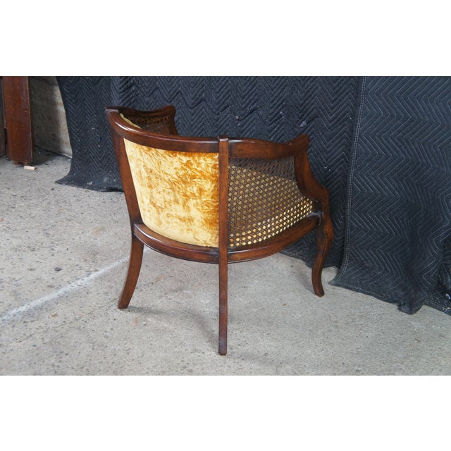 Brown Mid 20th Century French Walnut Caned Tufted Velvet Barrel Back Bergere Club Lounge Armchair For Sale - Image 8 of 10