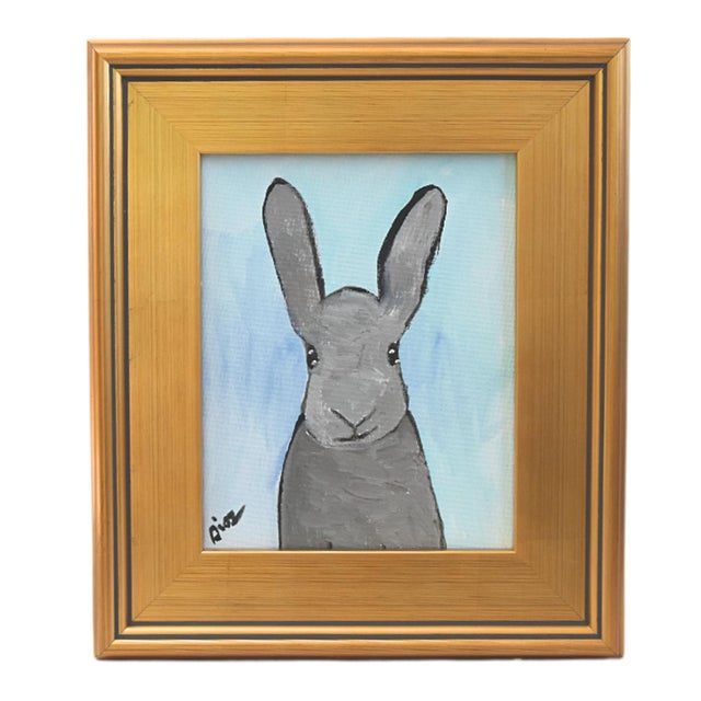 2020s Folk Art Gray Bunny Rabbit Hare Oil Painting Including the Antiqued Gold Wood Frame For Sale - Image 5 of 5