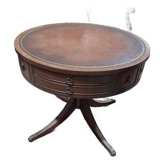 Late 20th Century Regency Style Leather Top Drum Table With Lion Head Hardware For Sale