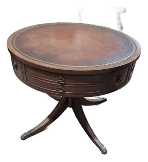 Late 20th Century Regency Style Leather Top Drum Table With Lion Head Hardware
