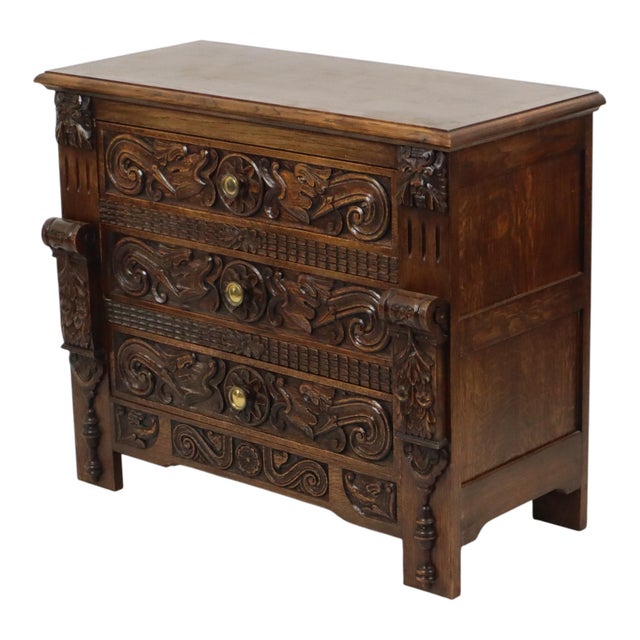 Vintage Carved Oak Cabinet Chest of Drawers with Mythical Figures For Sale - Image 3 of 18