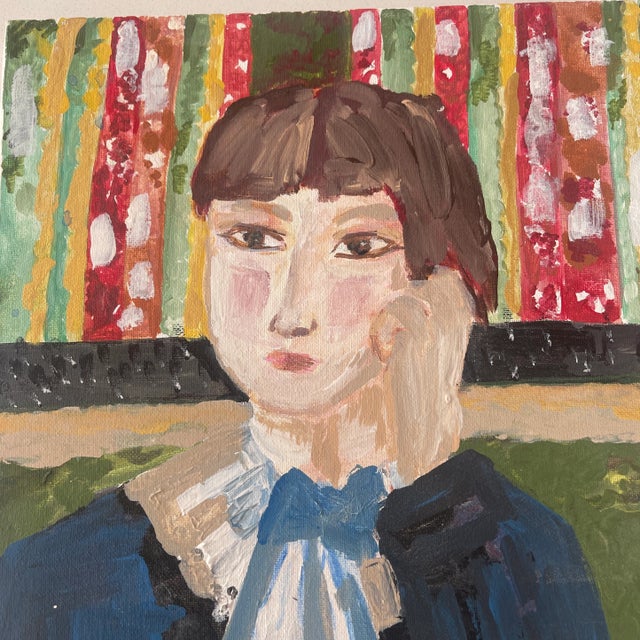 Contemporary Expressionist Painting of a Young Girl Sitting on a Chair Signed S Louis France For Sale - Image 4 of 5