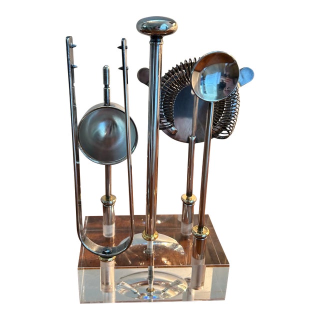 Vintage Gio Ponti Silver Plate Cocktail Tools in Lucite Stand, Made in Italy- 5 Pieces For Sale