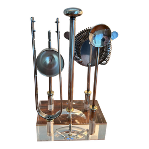 Vintage Gio Ponti Silver Plate Cocktail Tools in Lucite Stand, Made in Italy- 5 Pieces