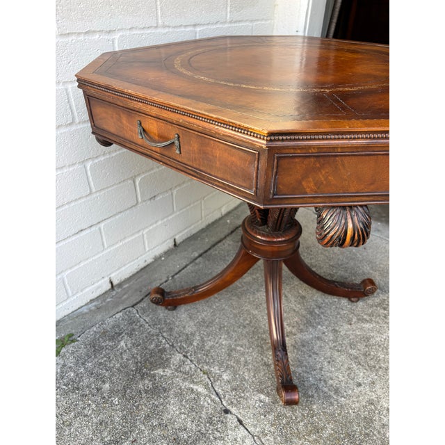 Antique English Regency-Style Drum Table Is Constructed From Mahogany Wood and Features an Octagonal Leather Top With Gold Tooling For Sale - Image 4 of 10