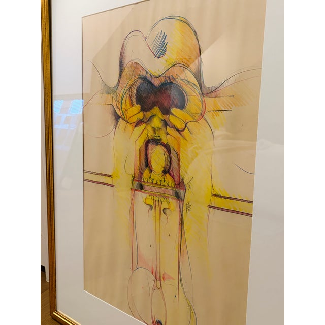 Large Signed 1970 Surrealist Mixed Media Drawing on Paper, Framed Modern Figurative Artwork For Sale - Image 4 of 9