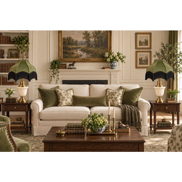 A grand matching pair of vintage urn-form table lamps, newly composed in a richly layered palette of creamy ivory,...