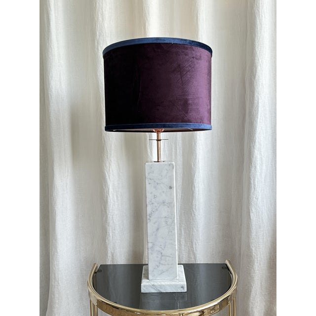 Large Marble and Copper Table Lamps with Velvet Shade, 1980s, Set of 2 For Sale - Image 4 of 18