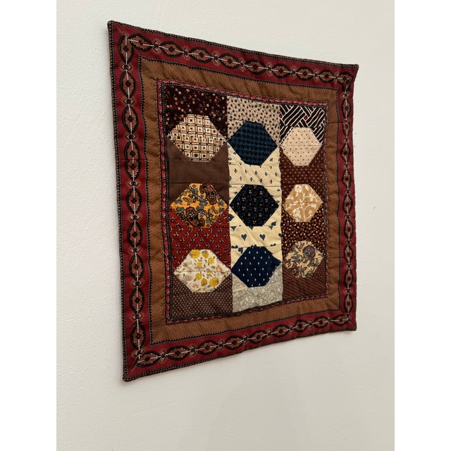 Traditional Americana Geometric Quilted Textile Art, Brown, Navy, Cream For Sale - Image 4 of 12