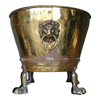 19th Century English Brass Lion’s Mask Jardiniere on Paw Feet For Sale