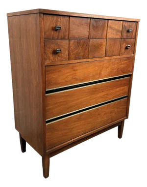 Vintage Walnut Burl Highboy Dresser