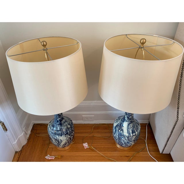 Ceramic Blue and White Table Lamps With Shades - a Pair For Sale - Image 7 of 8