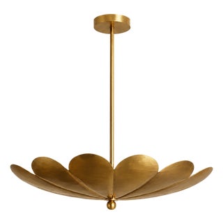 Handcrafted Brass Flower Chandelier, 4-Light Petal Pendant, Mid-Century Ceiling Fixture For Sale