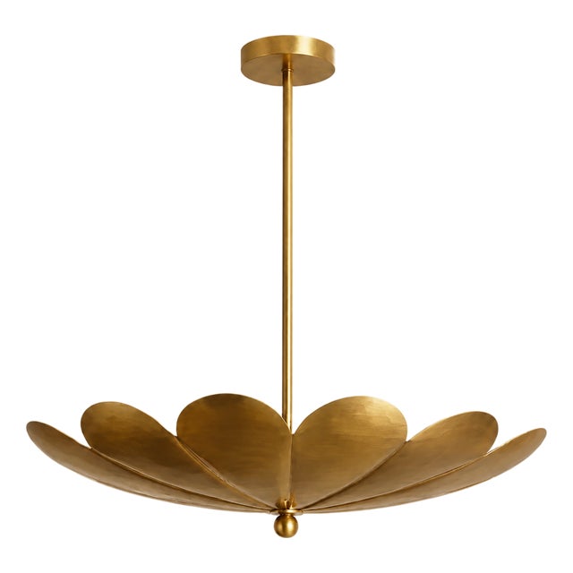 Handcrafted Brass Flower Chandelier, 4-Light Petal Pendant, Mid-Century Ceiling Fixture For Sale