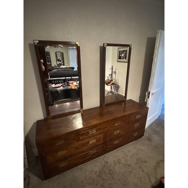 1960s Henredon Campaign Style Bedroom Dresser W/Mirrors For Sale - Image 9 of 16