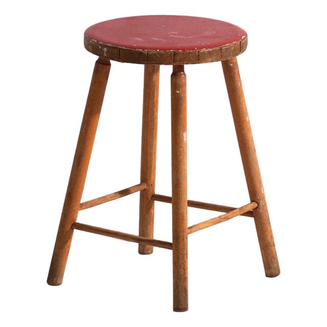Vintage Wooden Stool with Round Seat, Central Europe, 1950 For Sale