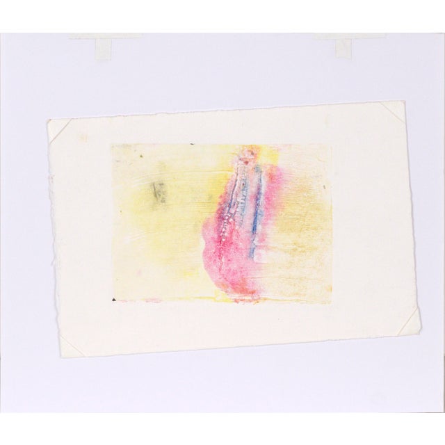Blue and Pink on Yellow - Textured Transfer Monotype in Oil on Paper Original hand painted and transfer monotype painting...
