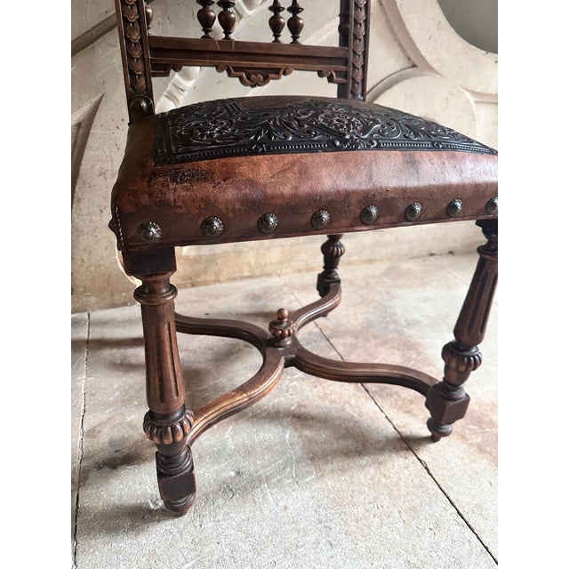 Gothic Set of 3 Antique French Henri I| Walnut Wood & Leather Dining Chairs, Ornate Lion Carvings, Loire Valley, 1880 For Sale - Image 3 of 8