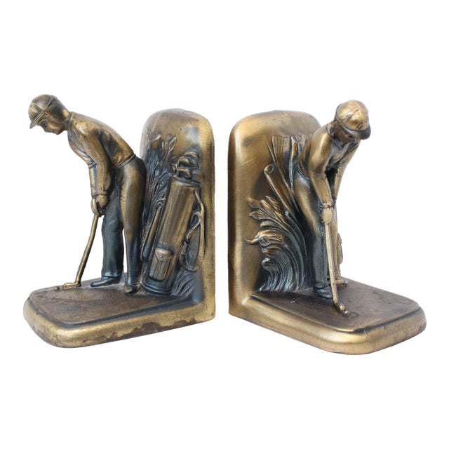 Mid-Century Modern Brass Golfer Golf Player Bookends For Sale