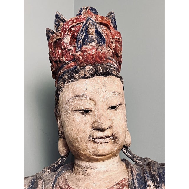 Wood 18th Century Monumental Chinese Polychromed Seated Guanyin Statute For Sale - Image 7 of 11