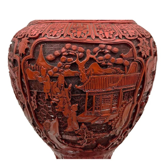 Chinese Mid-20th Century Chinese Hand Carved Cinnabar Vase For Sale - Image 3 of 8