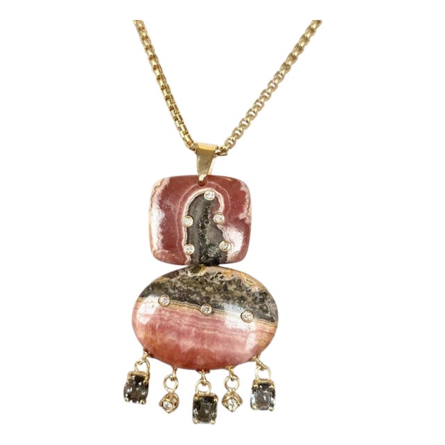 Rhodochrosite Double Pendant With Spinel, Diamonds & 14k Gold For Sale