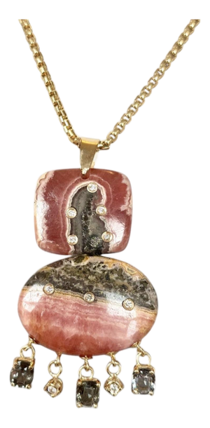 Rhodochrosite Double Pendant With Spinel, Diamonds & 14k Gold
