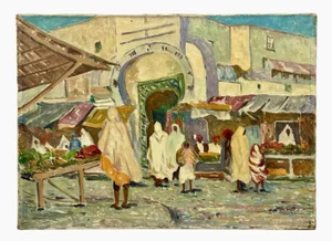 Frank A. Brown, Market in Front of the Medina in Kairouan, Oil on Canvas