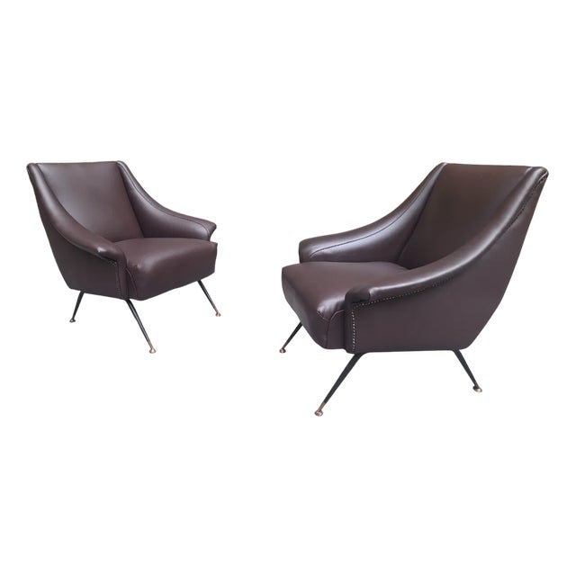 Armchairs in Dark Brown Eco-Leather, Iron Legs and Brass Finish by Gigi Radice for Minotti, 1950s, Set of 2 For Sale
