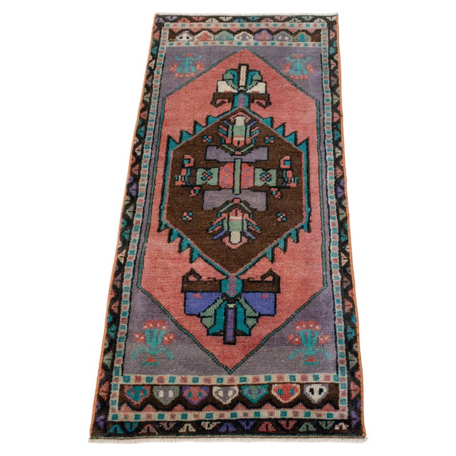 1970s 1970s Hand Knotted Turkish Rug Boho-Chic Small Accent Rug Enrty Decor Door Mat 19"x44" For Sale - Image 5 of 13