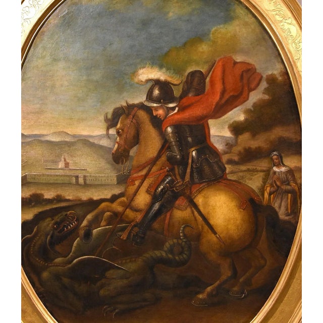 Follower of Raffaello Sanzio, Saint George & the Dragon, 1700, Oil on Canvas, Framed For Sale - Image 8 of 17