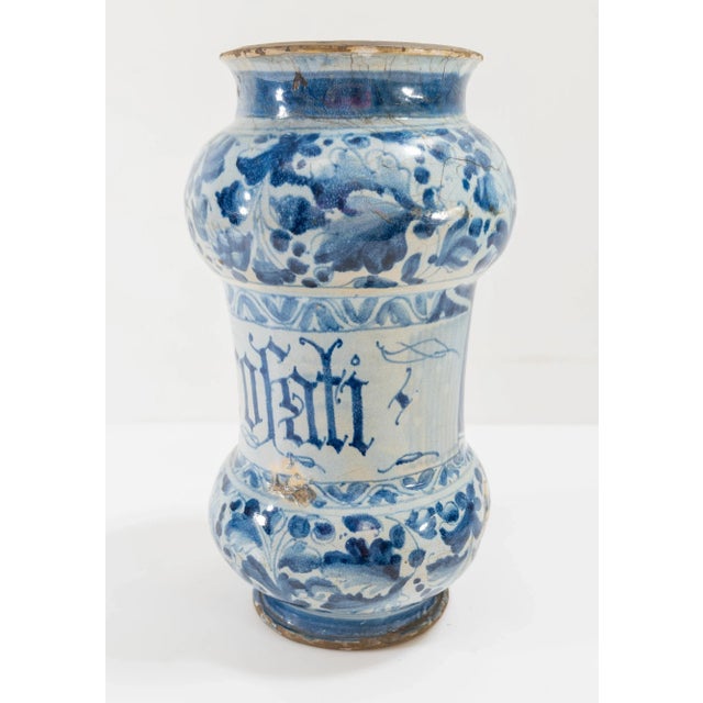 17th Century 17th Century Italian Blue and White Majolica Maiolica Faience Albarello Drug Jar For Sale - Image 5 of 12